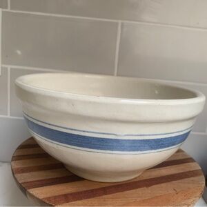 Yellow Ware 8” Bowl Triple Blue Bands Stripes Farmhouse Mixing VTG GLAZE FLAWS